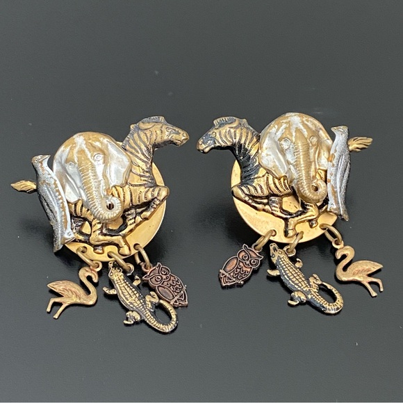 Unique Vintage Handmade Gold-tone Noah’s Ark Theme Animals Post Earrings 17g - Picture 6 of 14